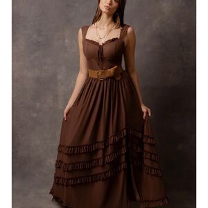 Joyfolie Chocolate Brown Ruffle Maxi Dress